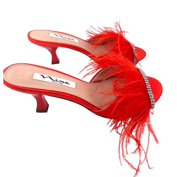 Nina Red Satin Feather Kitten Heel Mule Slide Sandals Size 6M NWOB - Picture 4 of 7
